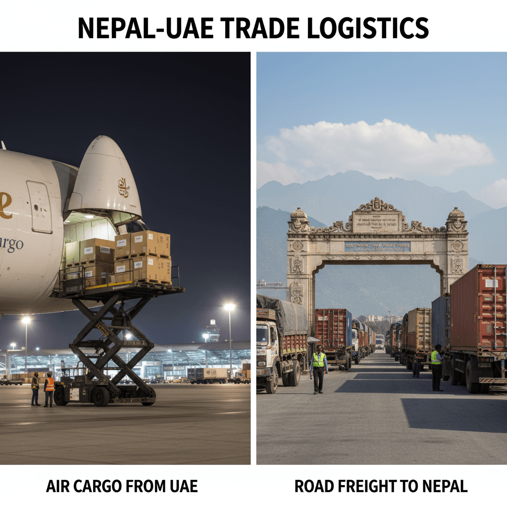 Electronics shipped by air from UAE to Nepal and containers entering Nepal by road.