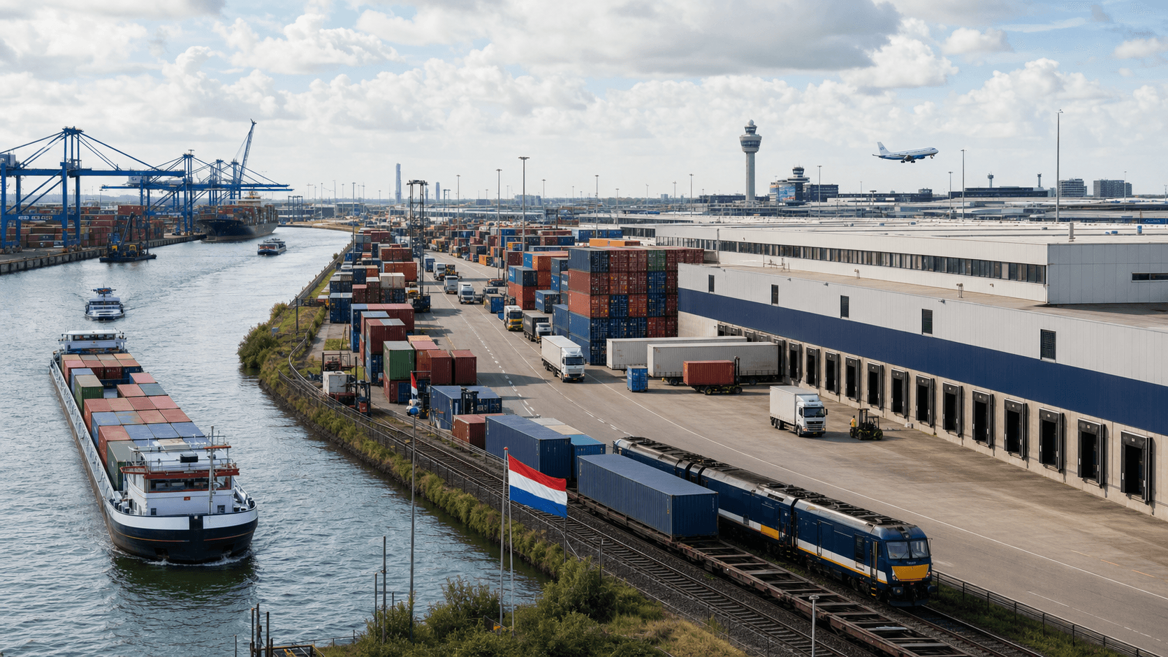 Rotterdam logistics hub with containers trucks rail and warehouse connections for Netherlands cargo