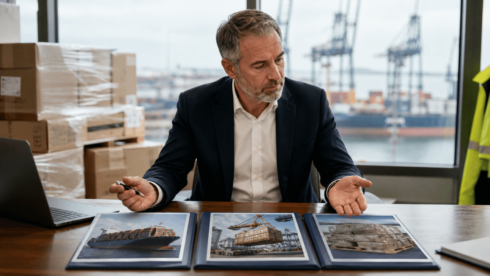 Marine cargo insurance broker comparing coverage options for container and palletized freight
