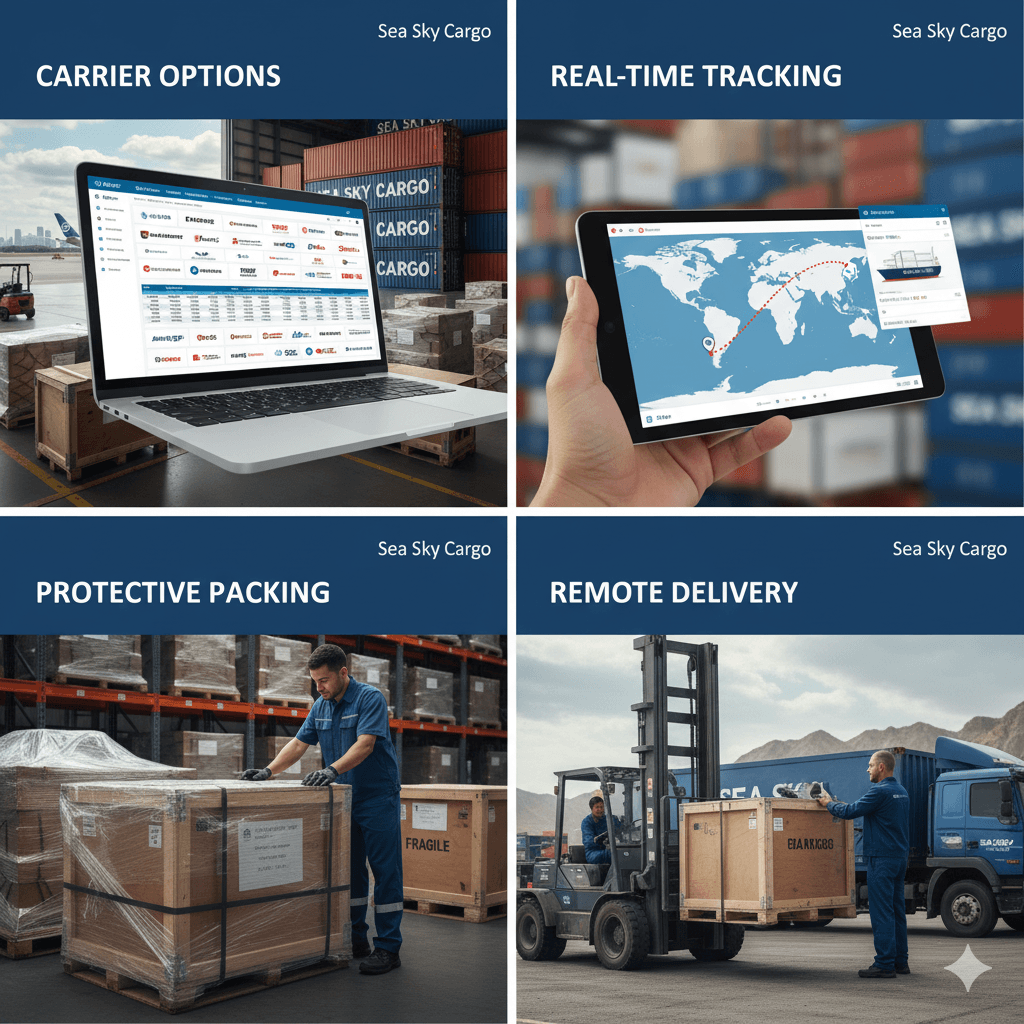 Collage of Sea Sky Cargo services, from packing and carrier selection to tracking and remote delivery.
