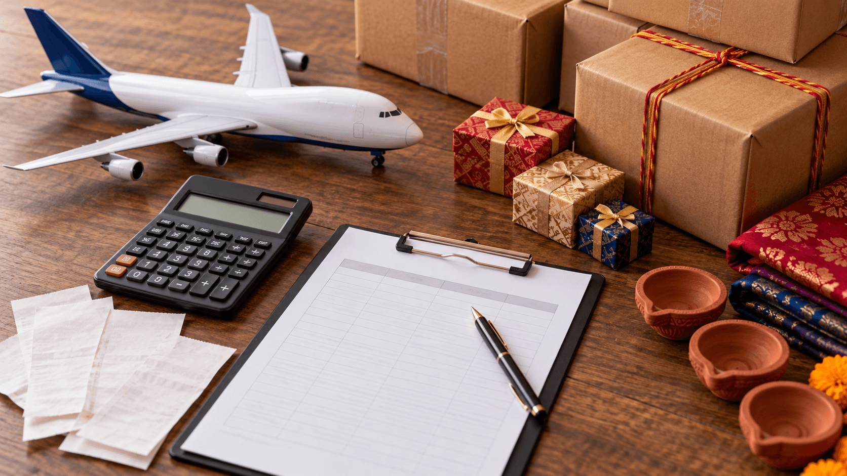 Calculator, plain cost worksheet and sample gift stock on a festival cargo planning desk
