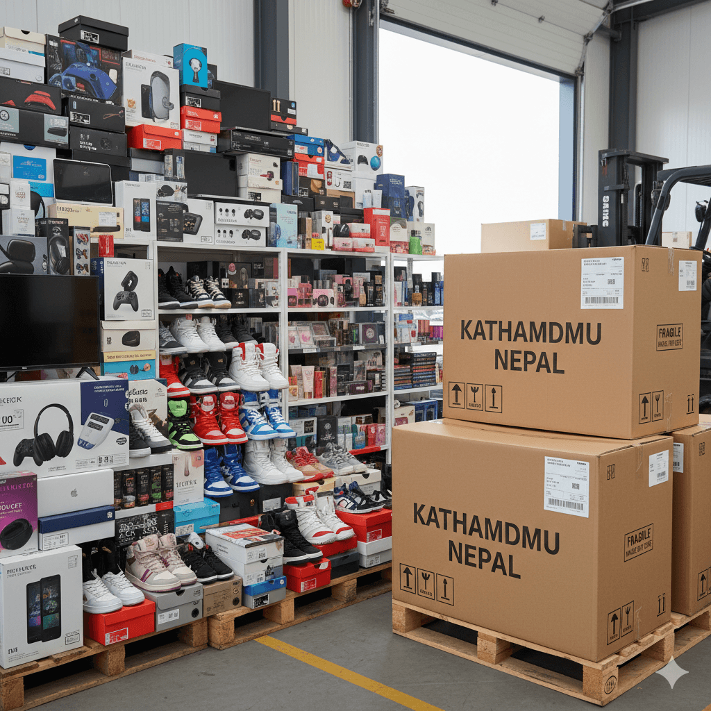 US retail products packed in cartons ready for international shipping to Nepal.