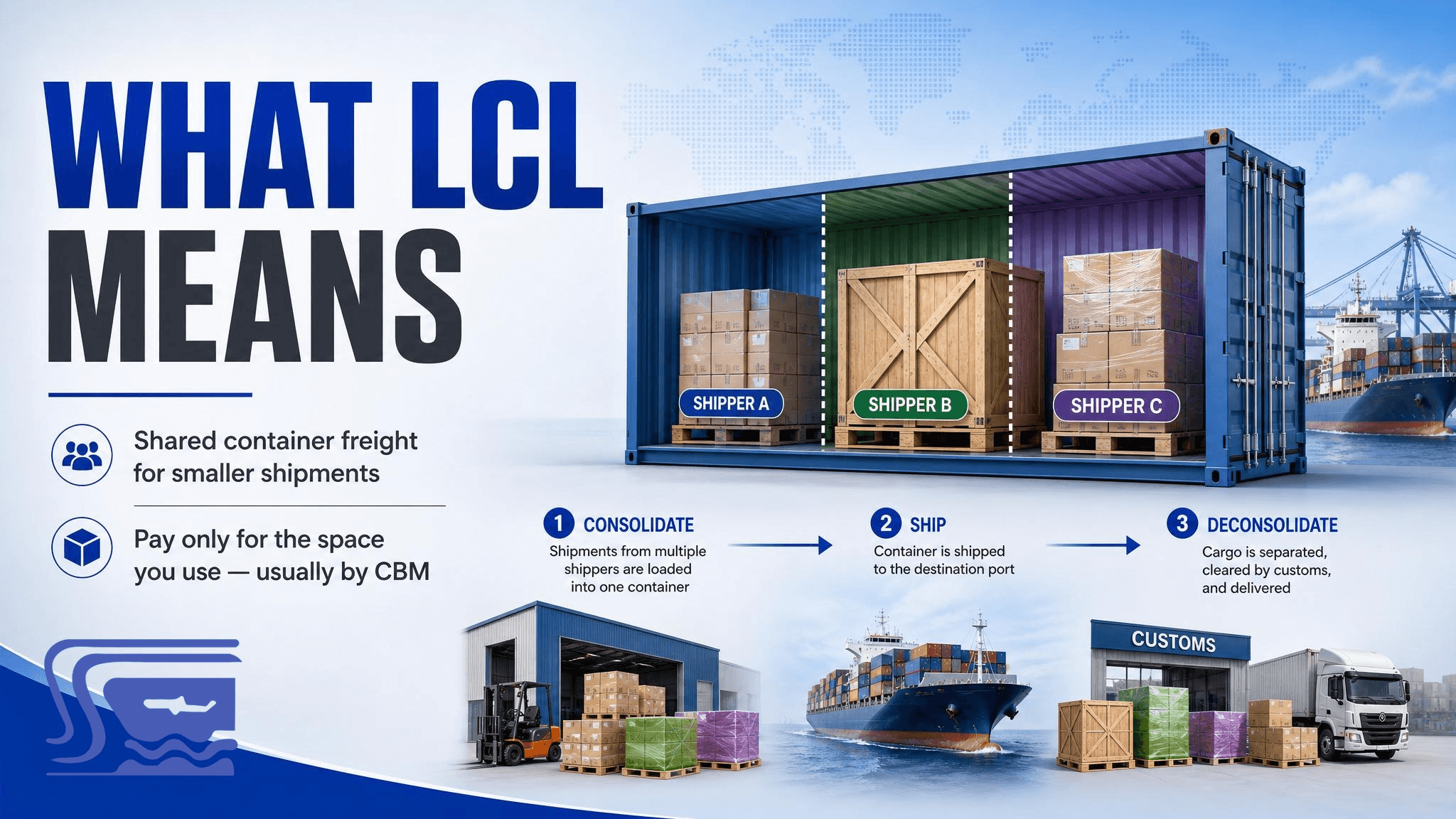 LCL shipping, a freight forwarder consolidates cargo