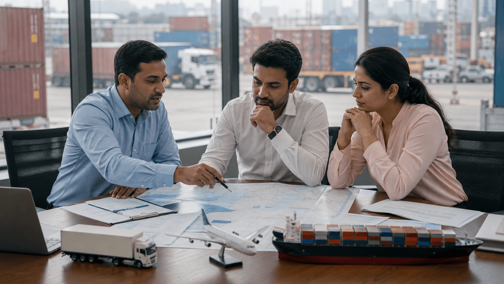Sea Sky Cargo advisor comparing cross-border routes with a freight-forwarding client