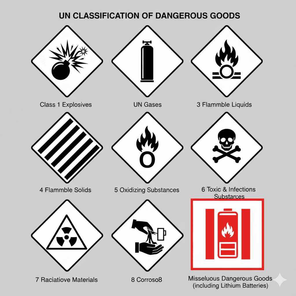 UN classification icons for dangerous goods, emphasizing lithium battery risks.