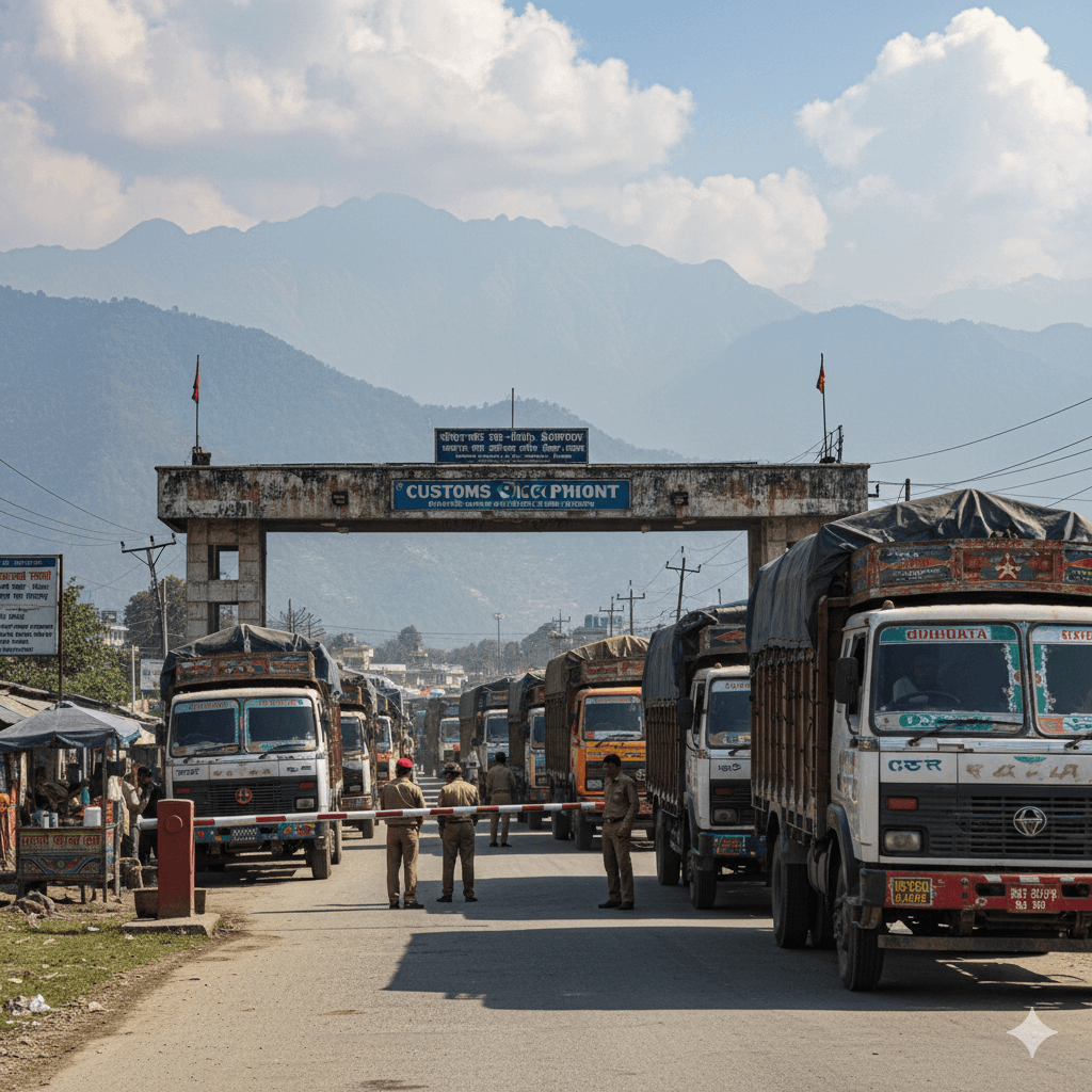 Trucks lined up at a South Asian border crossing used on the Nepal–Europe supply chain.