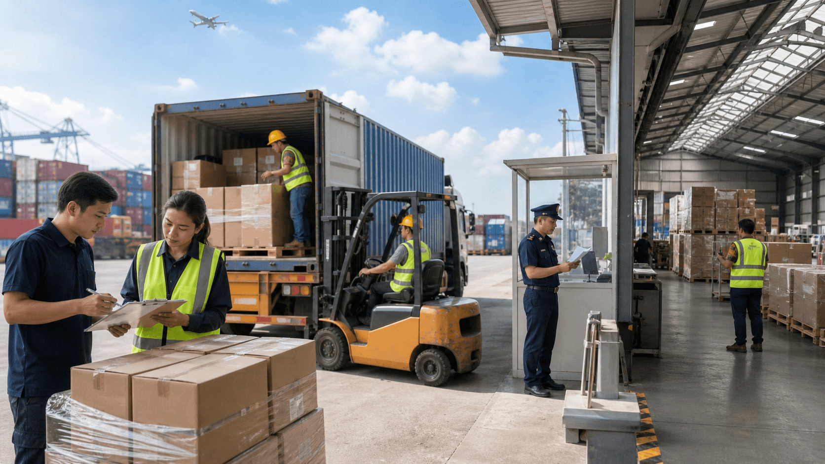 Seven-stage cross-border cargo workflow from purchase order through customs to warehouse delivery