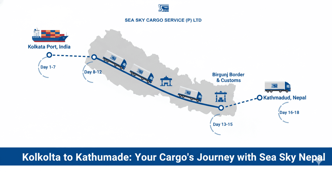 Sea Sky Cargo route map from Kolkata to Kathmandu Nepal.