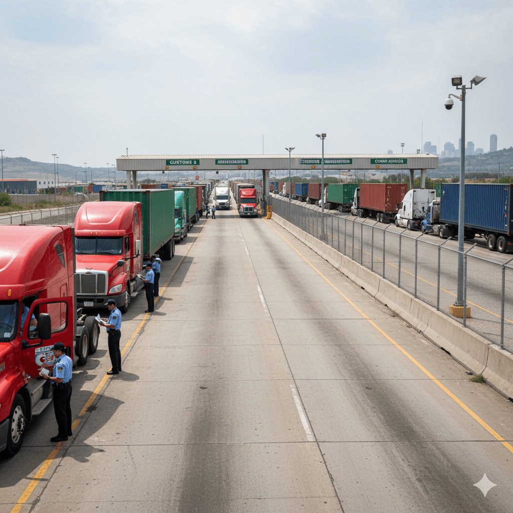 Customs clearance delays cargo trucks at an international border checkpoint