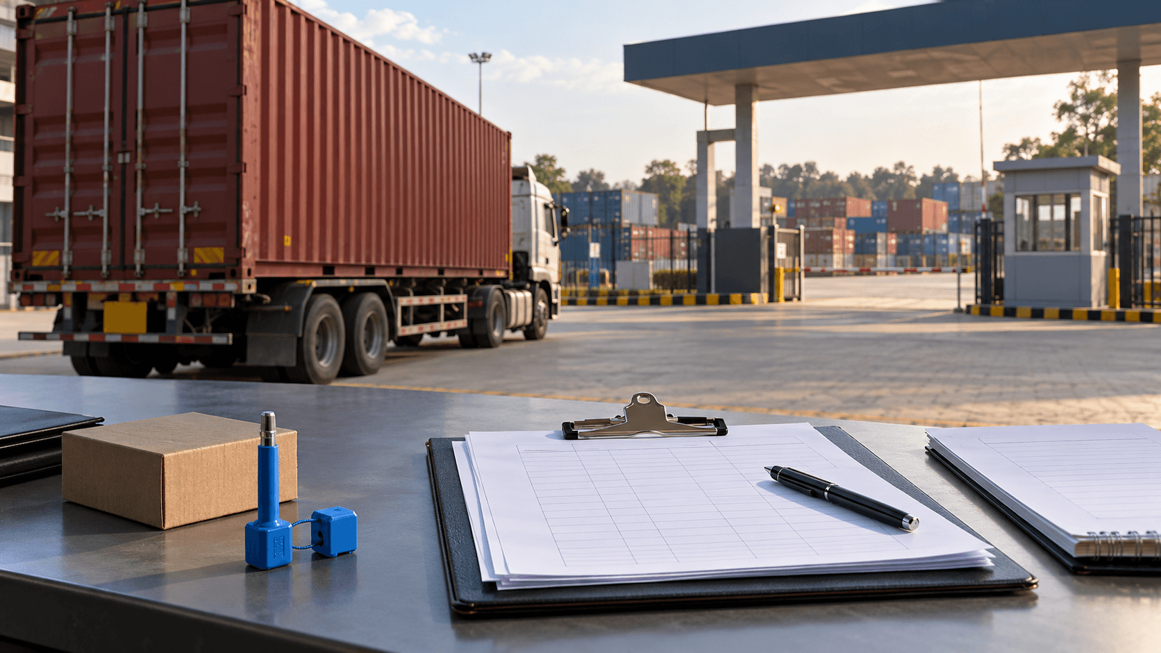 Cargo document review desk with seal records and container terminal visible behind