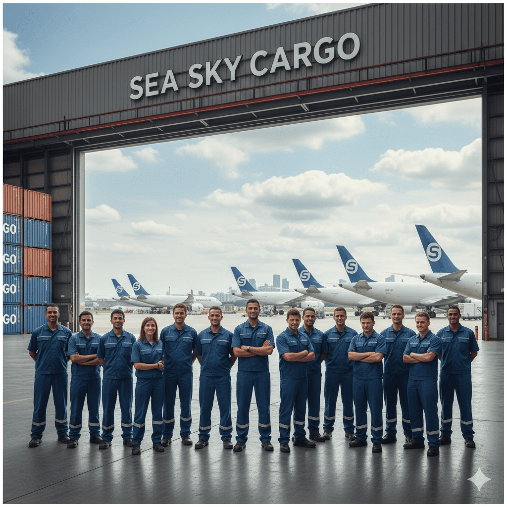 Sea Sky Cargo Service team standing together outside their logistics facility.