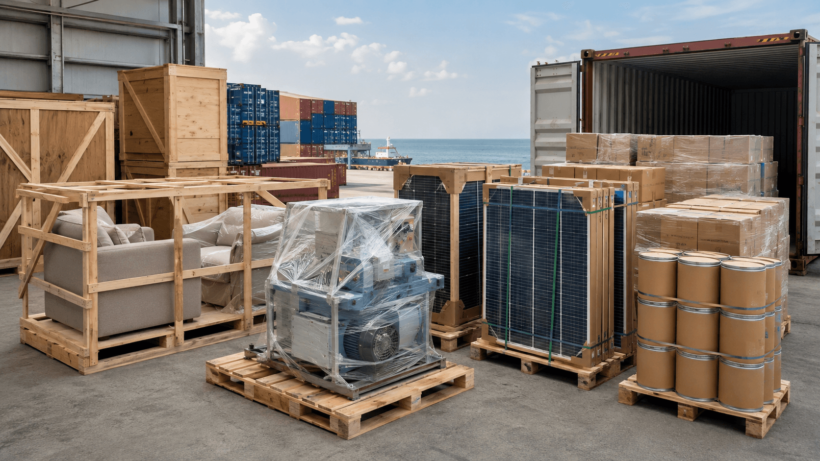 Furniture machinery solar panels cartons and industrial cargo prepared for sea freight