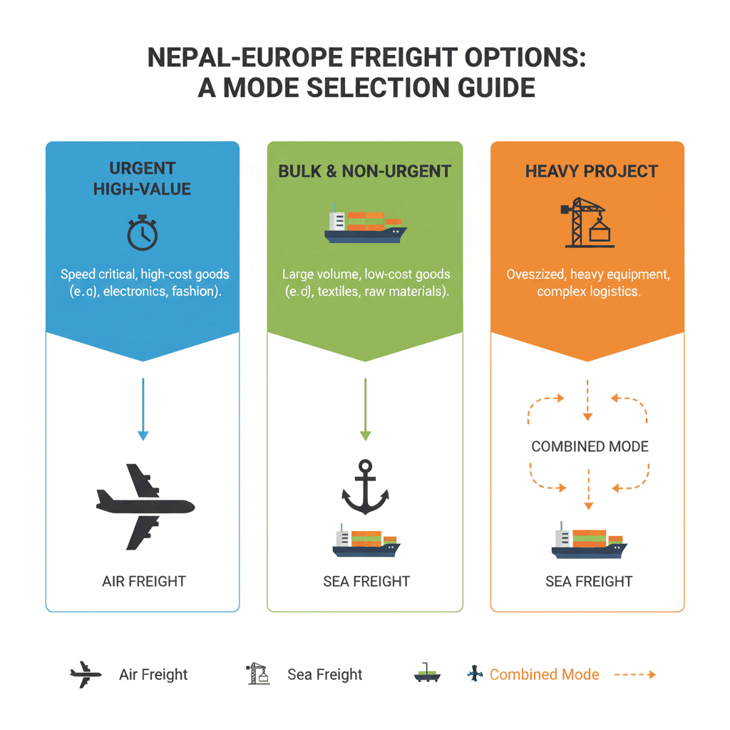 Visual guide showing when to choose air, sea, or combined shipping between Nepal and Europe.