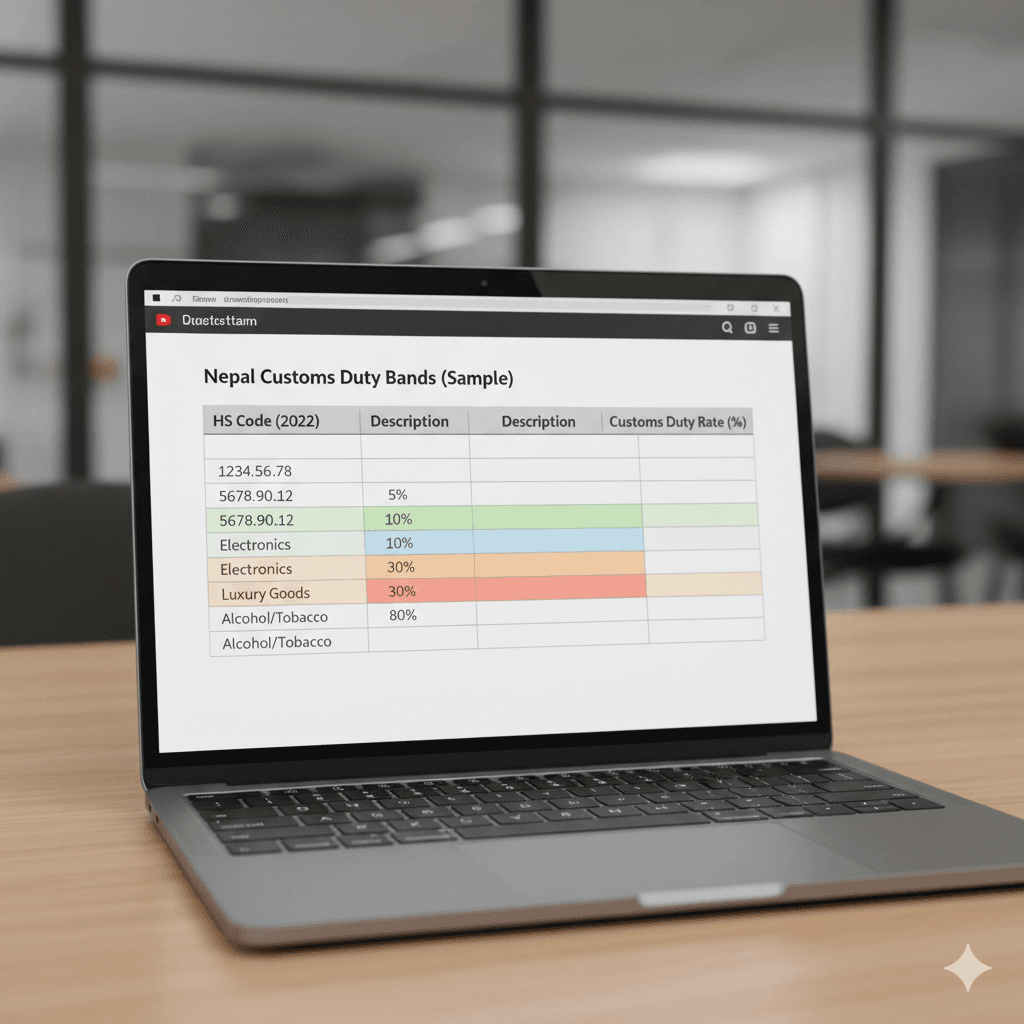 Example table of customs duty bands for different product categories in Nepal.