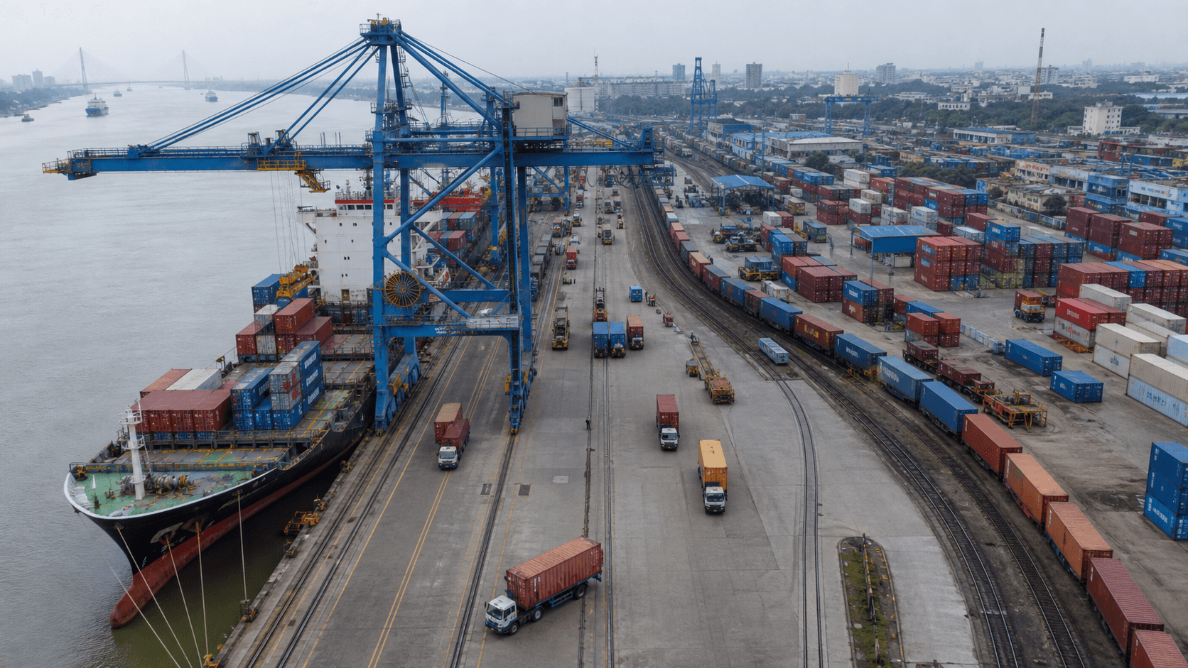 Indian container port connecting a cargo ship with inland freight trains and trucks for Nepal