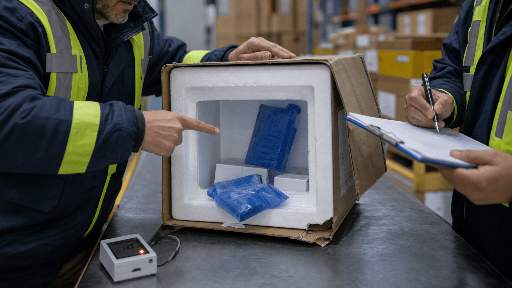 Freight supervisor identifying damaged cold-chain packaging and a temperature alarm before dispatch