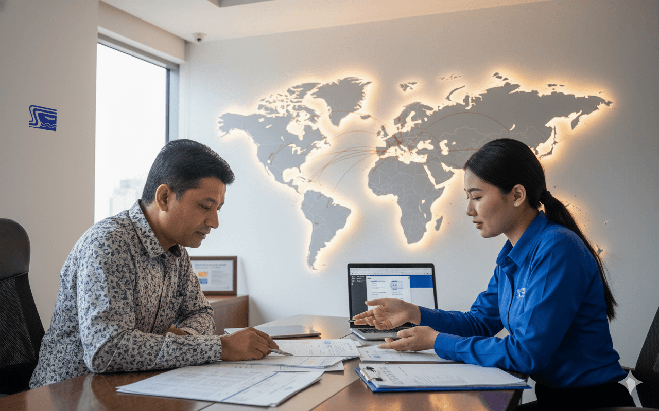 Sea Sky staff guiding a first‑time Nepalese exporter through shipping paperwork.