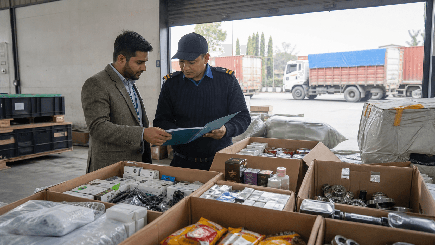 Customs officer and freight agent inspecting Dubai-origin commercial goods in Nepal