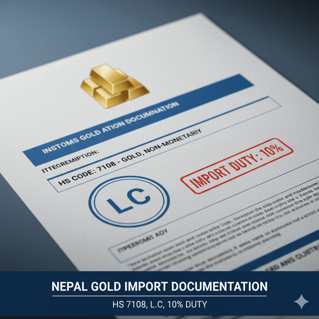 Nepal gold import docs: HS 7108, L/C, 10% duty.