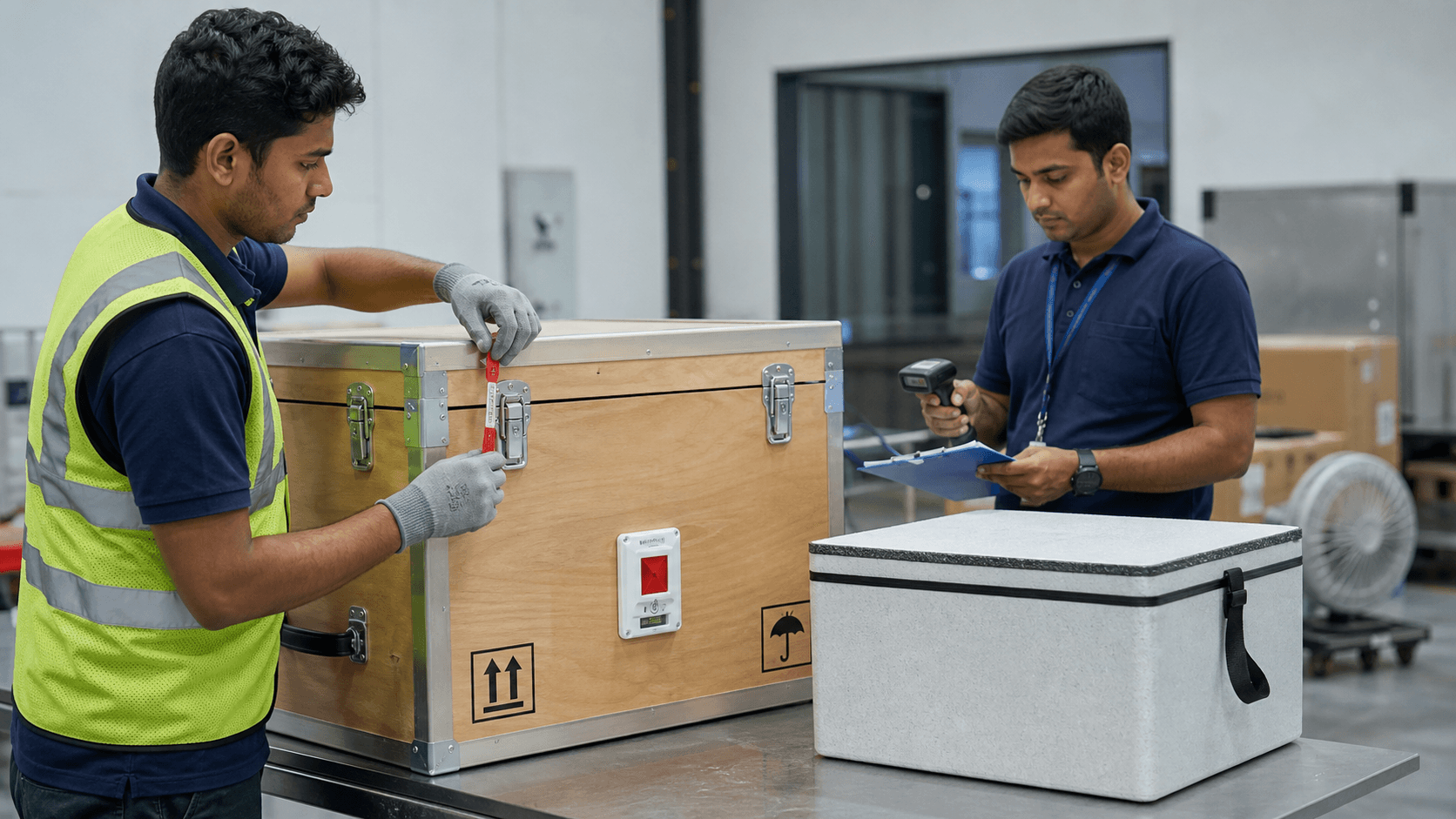 Tamper-evident medical cargo packaging with serial records shock indicator and signed handover log