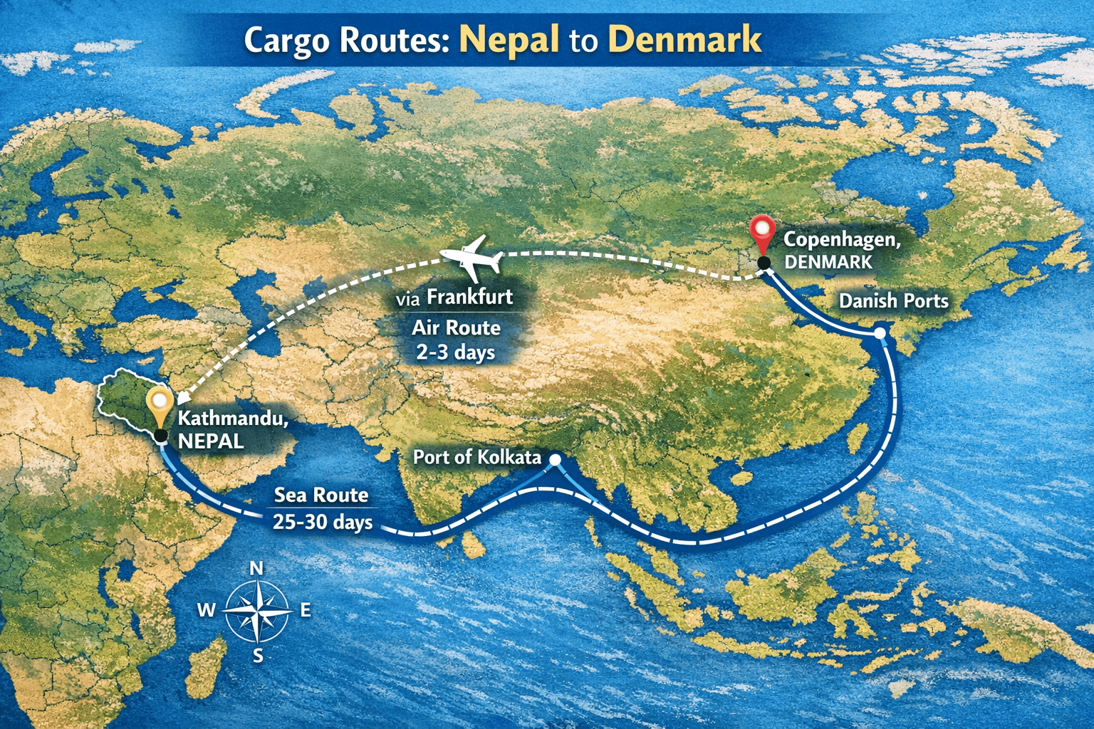 Sea and air cargo routes from Nepal to Denmark.