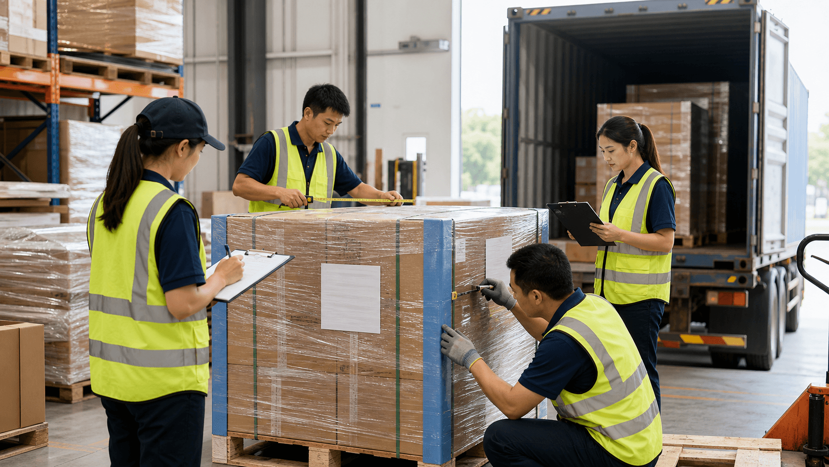 Warehouse and freight teams checking cargo packaging seals documents and shipment milestones before dispatch