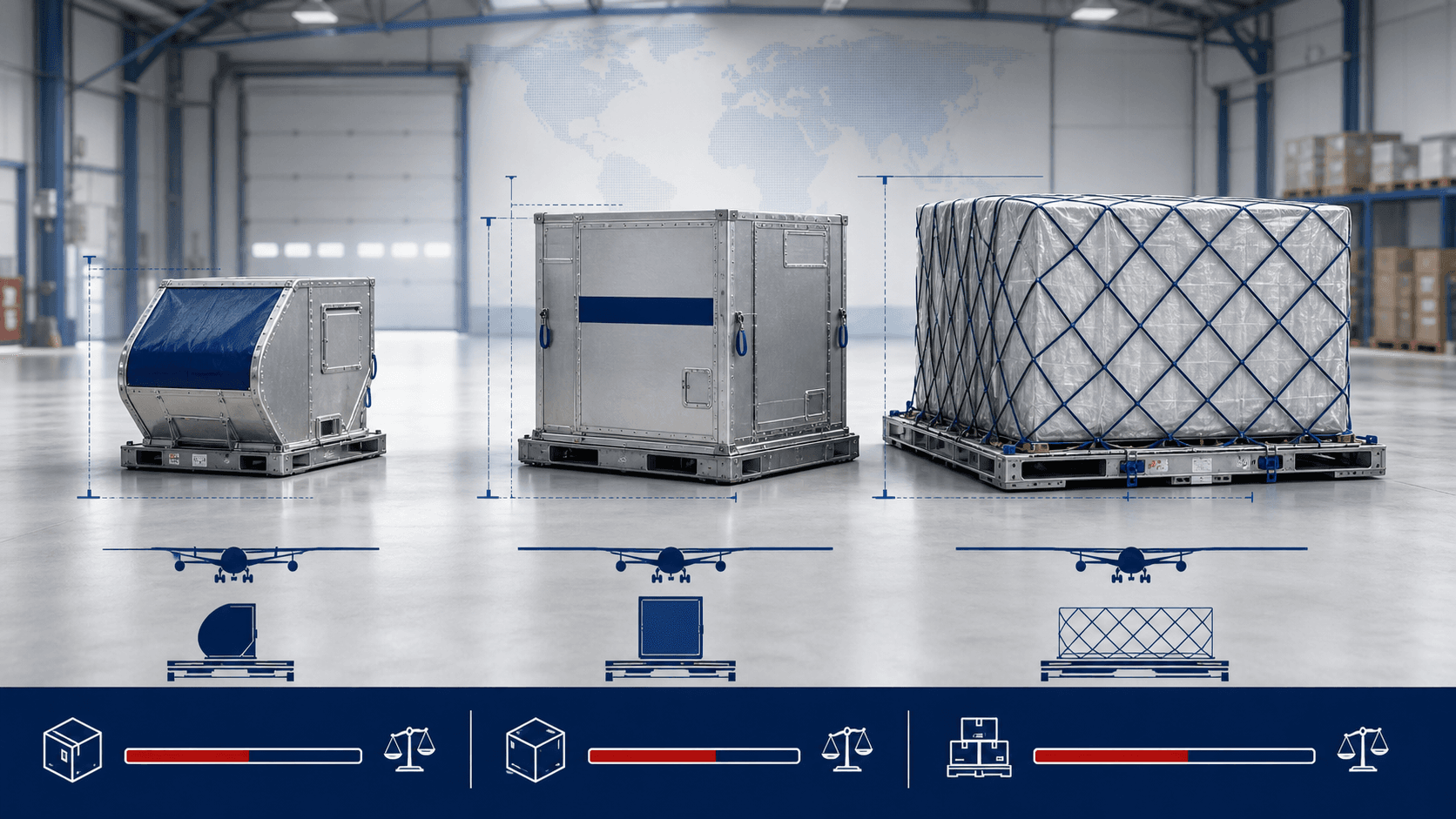 Air cargo container sizes and capacity comparison.