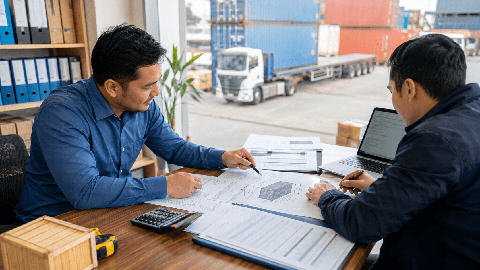 Importer and freight specialist reviewing the complete landed cost of sea cargo to Nepal