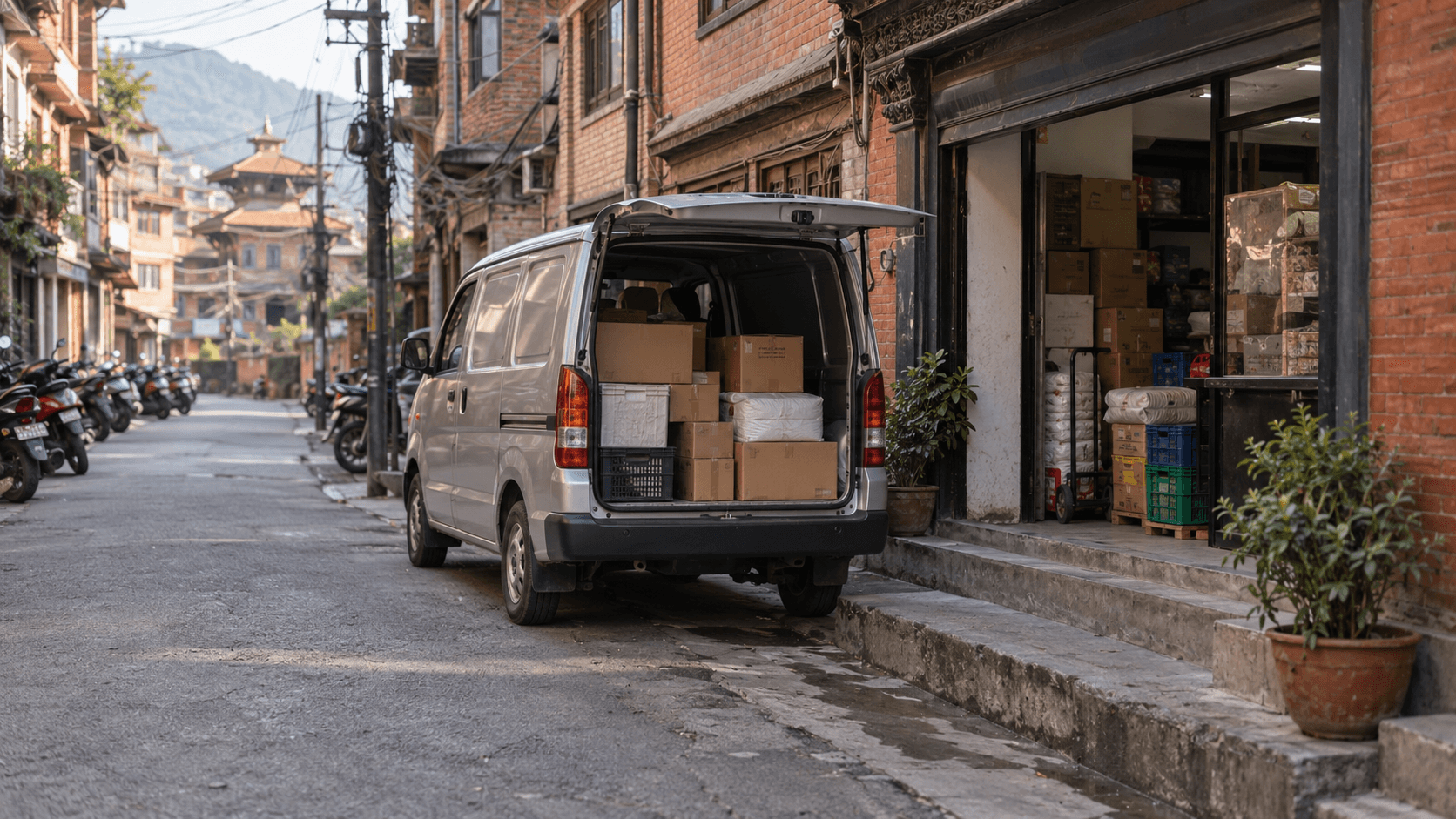 Compact commercial cargo van on a narrow Kathmandu business street with a designated unloading entrance