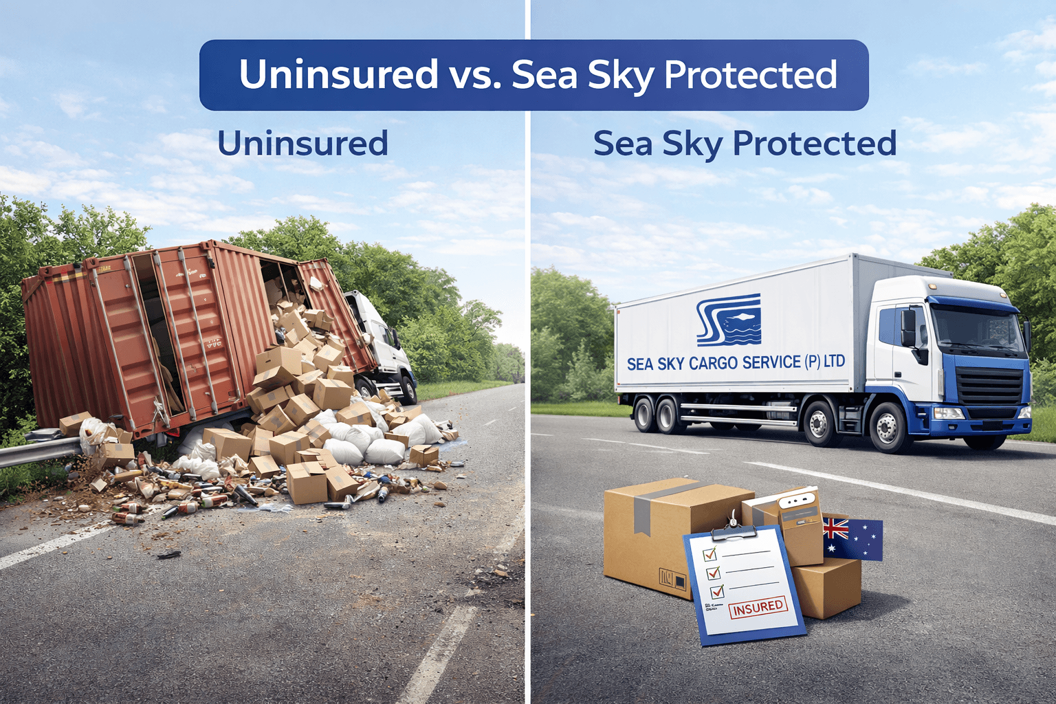 Cargo accident risk vs. Sea Sky Cargo insurance protection.