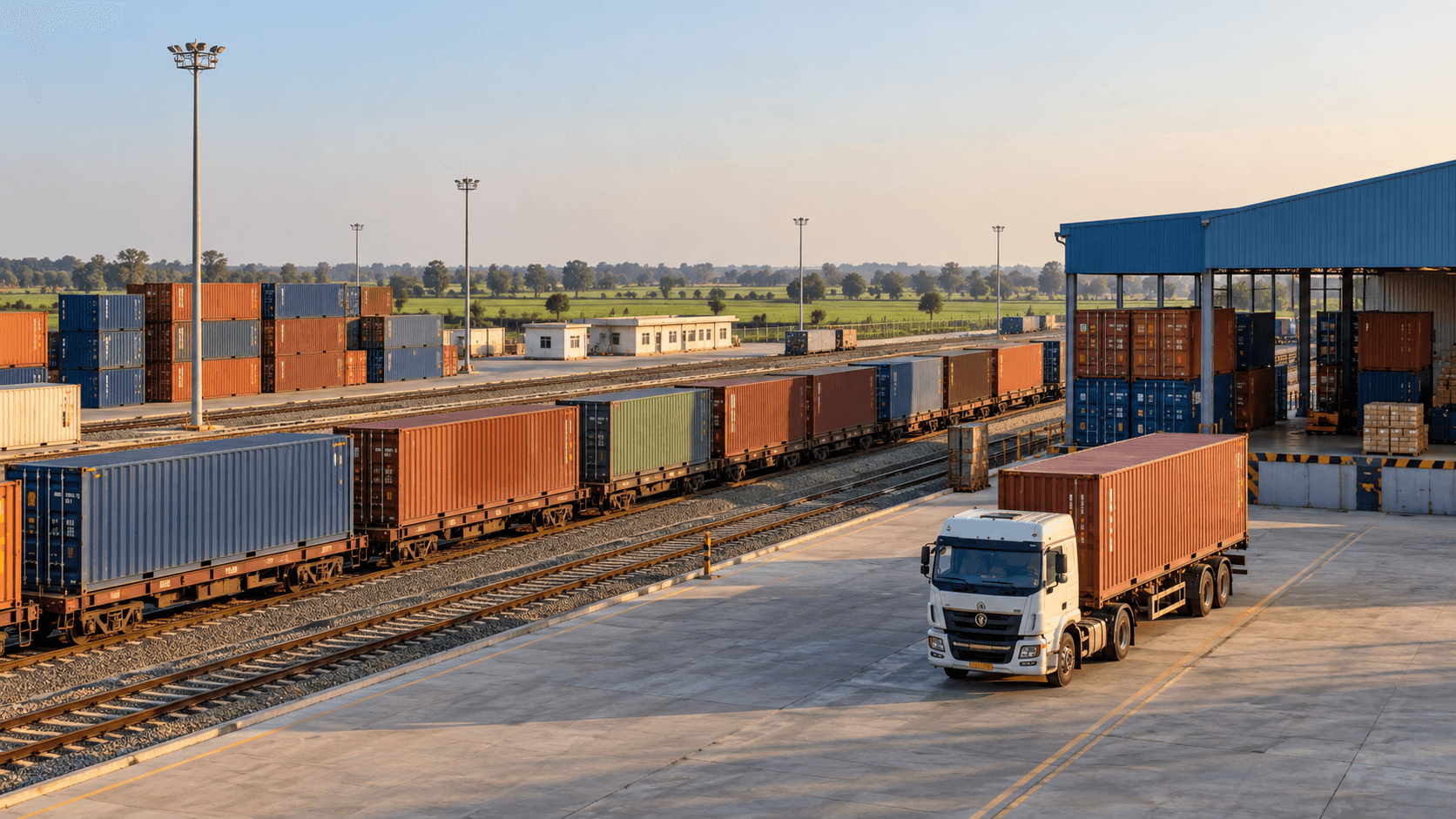 Container freight wagons and parked cargo truck at an illustrative lowland Nepal inland terminal