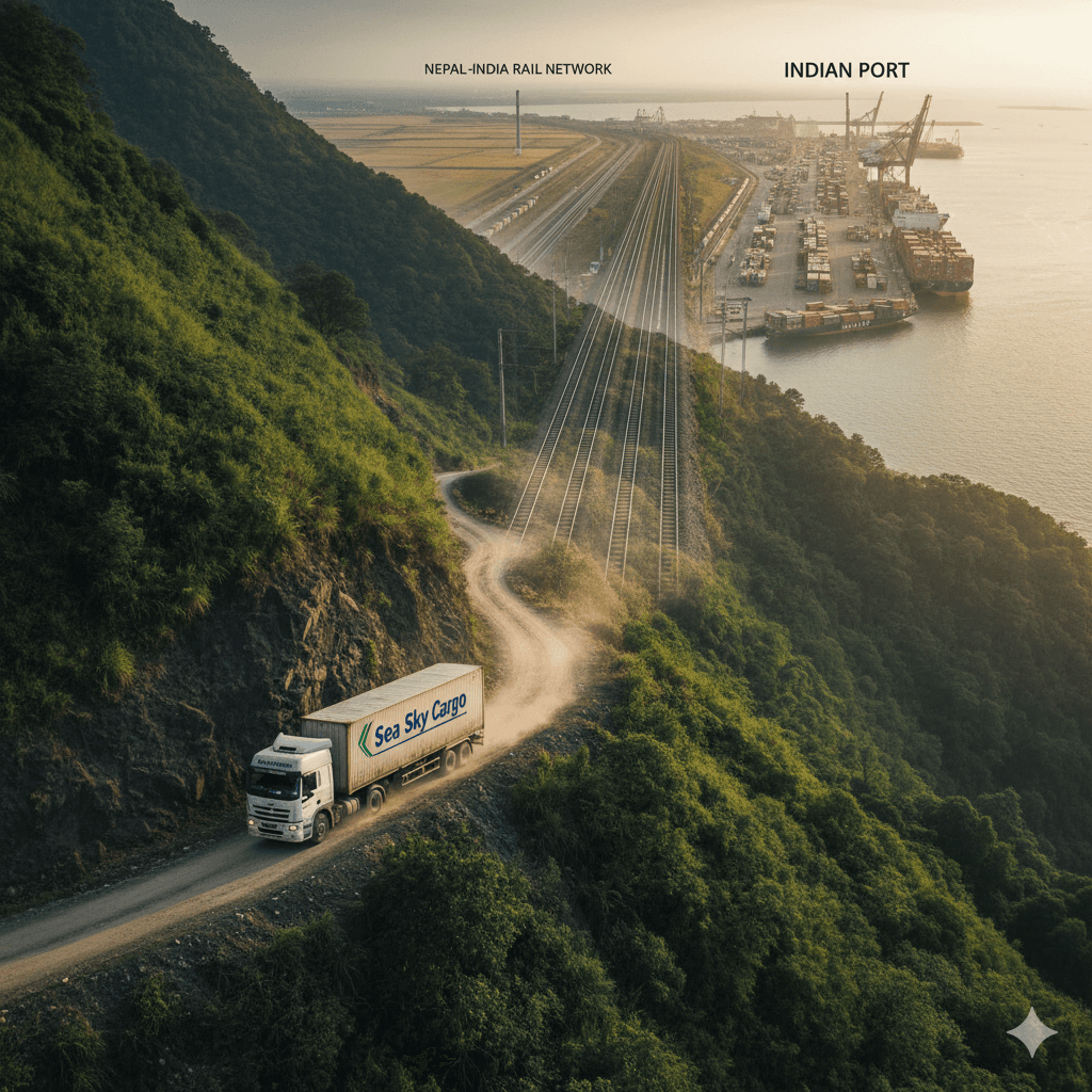 Mountain terrain freight routes combined with rail links utilized in multimodal logistics.