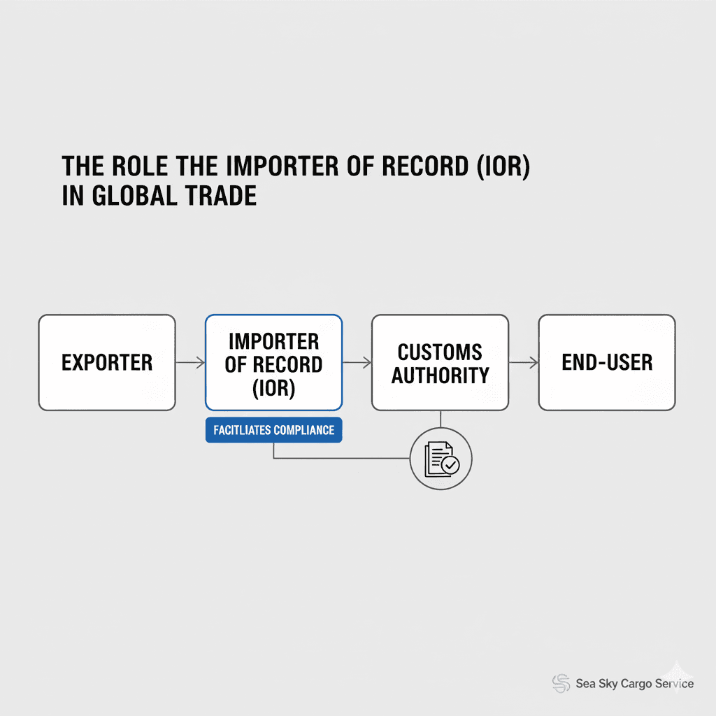 Flowchart depicting the role of the Importer of Record (IOR) in cross‑border trade.