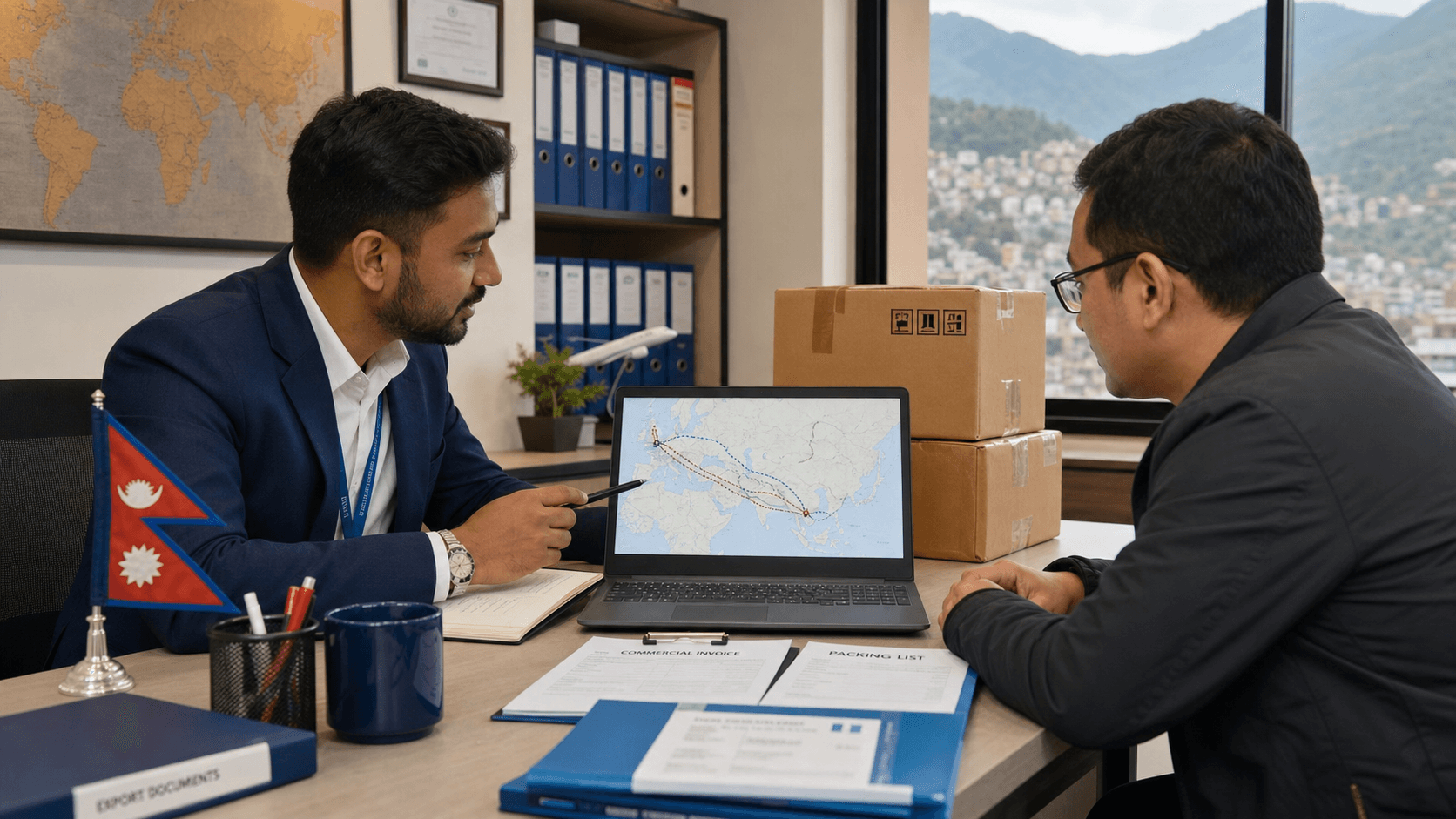 Sea Sky Cargo advisor reviewing Nepal to Netherlands cargo route documents and freight options with a customer