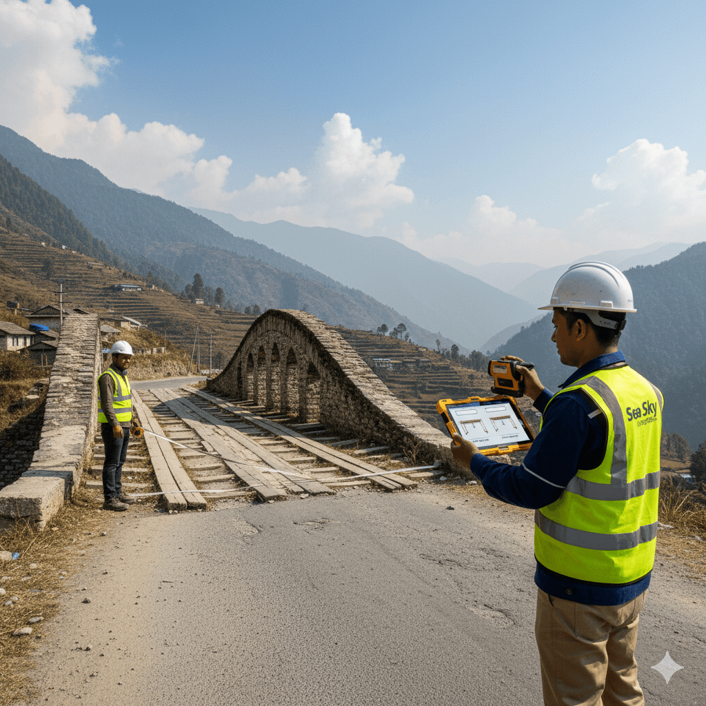 Project cargo survey specialist recording route conditions for a heavy shipment in Nepal.