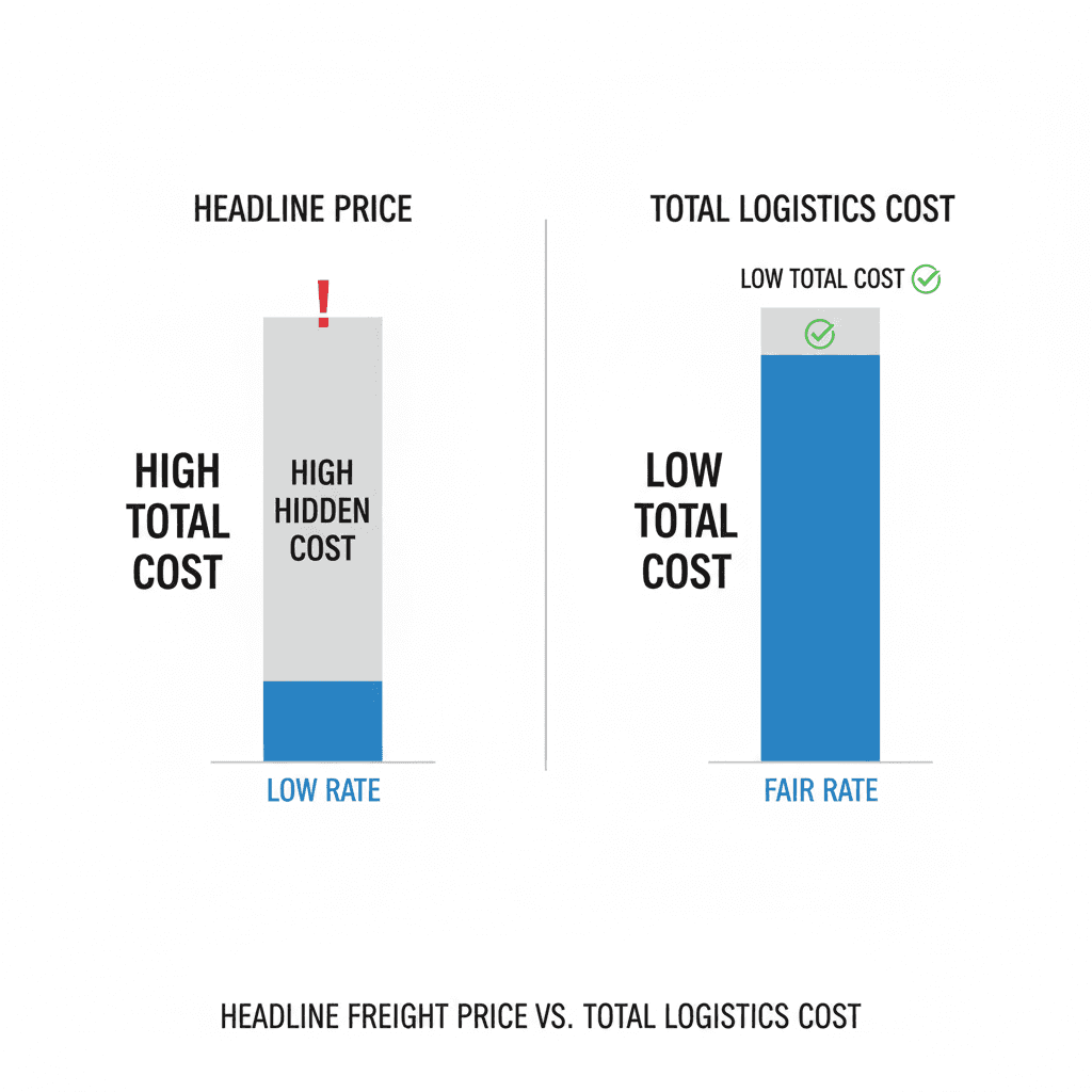 Visual comparison of headline freight price versus total logistics cost.