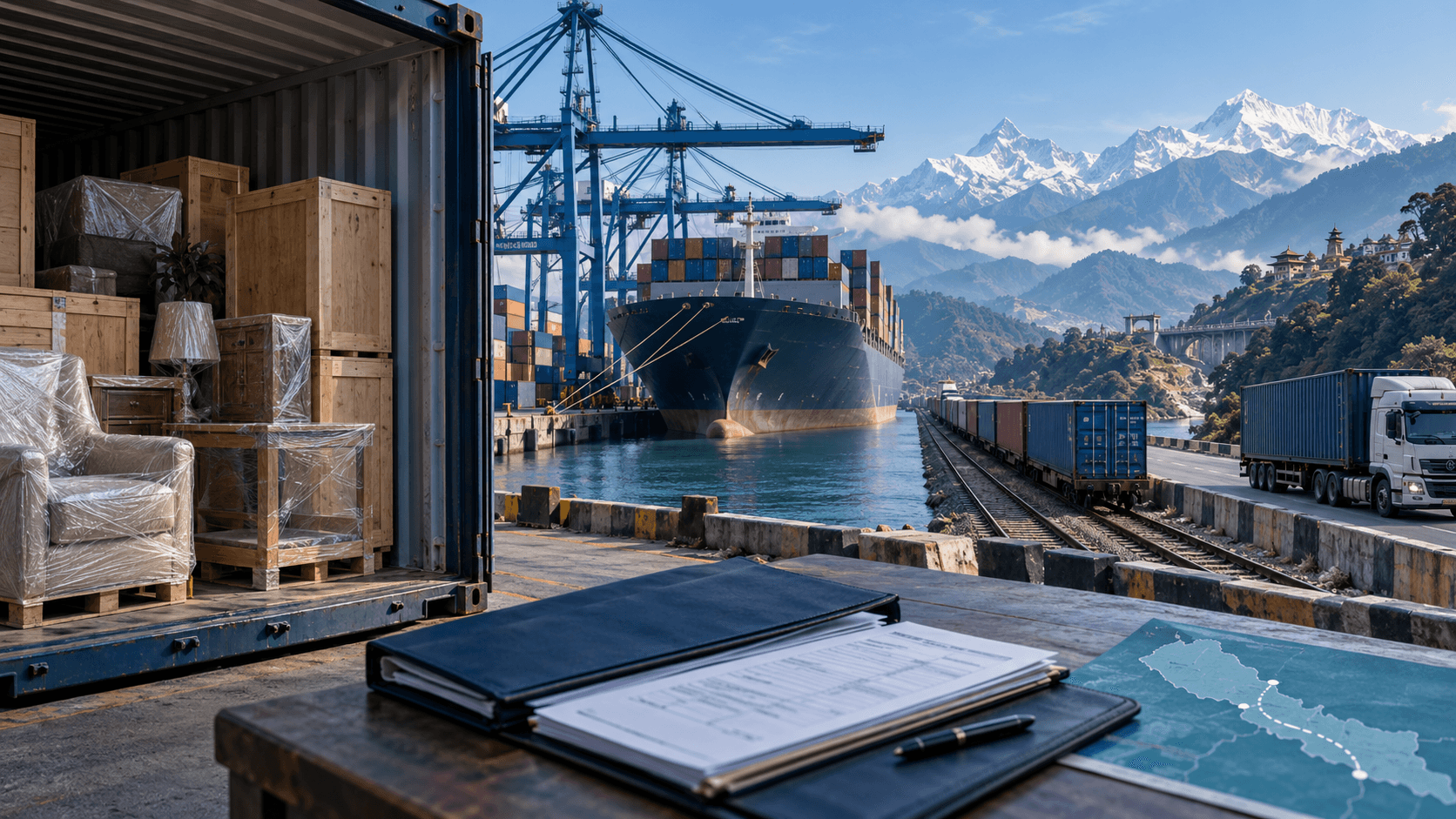 Commercial furniture sea freight moving through an Indian port toward Nepal