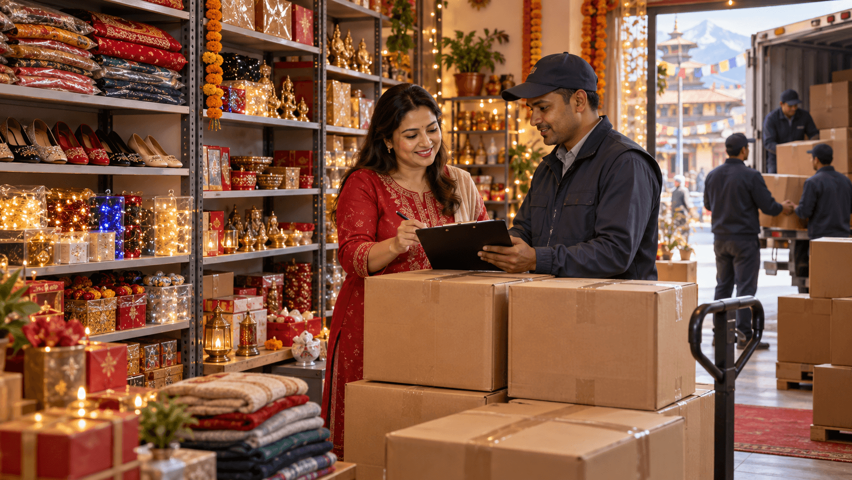 Nepal small business receiving Dashain and Tihar stock after cargo delivery