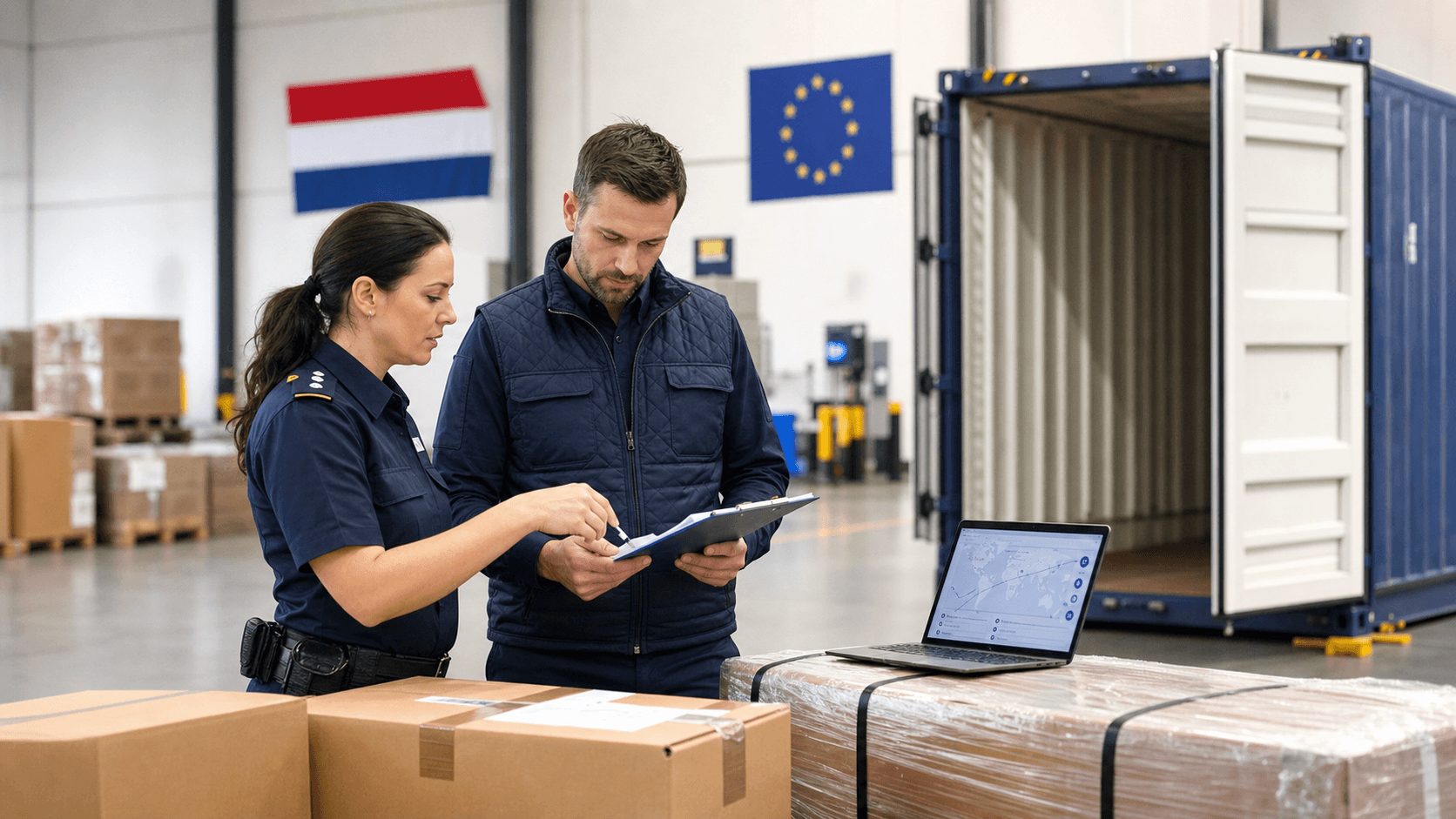 Customs officer and freight coordinator reviewing Netherlands EU import documents beside cargo