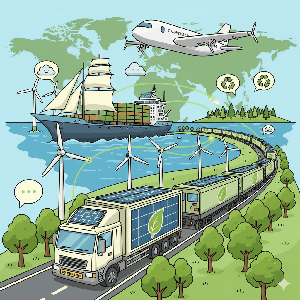 Transportation vehicles reinforced with sustainable shipping and green logistics symbols.