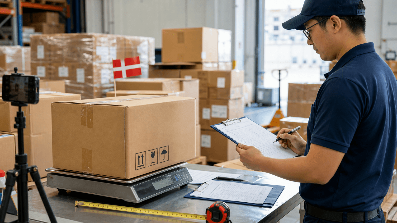 Cargo being weighed measured labeled and checked before shipping to Denmark