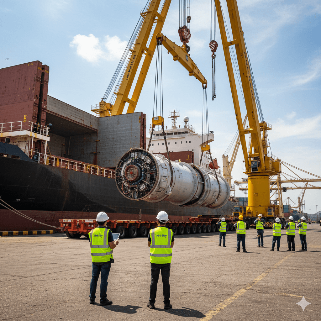 Heavy lift operation transferring project cargo from ship to trailer under Sea Sky supervision.