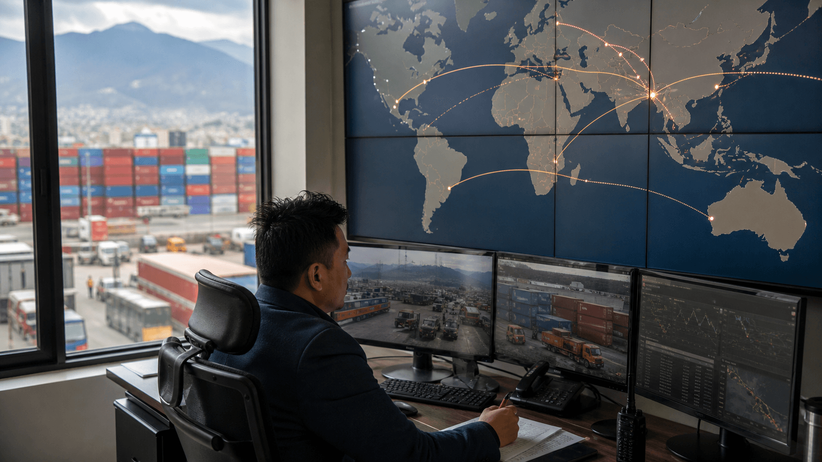 Kathmandu logistics control room coordinating international cargo routes into Nepal