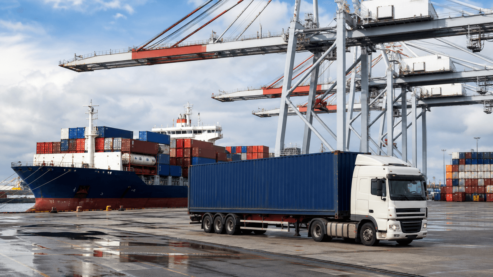 Container ship trucks and port cranes handling sea freight to Netherlands