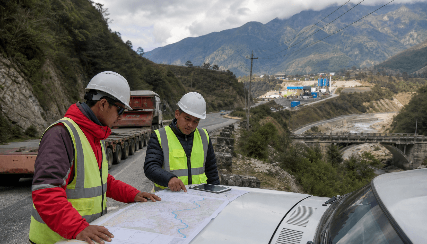 Logistics planner checking a Nepal road route map for high bed trailer cargo