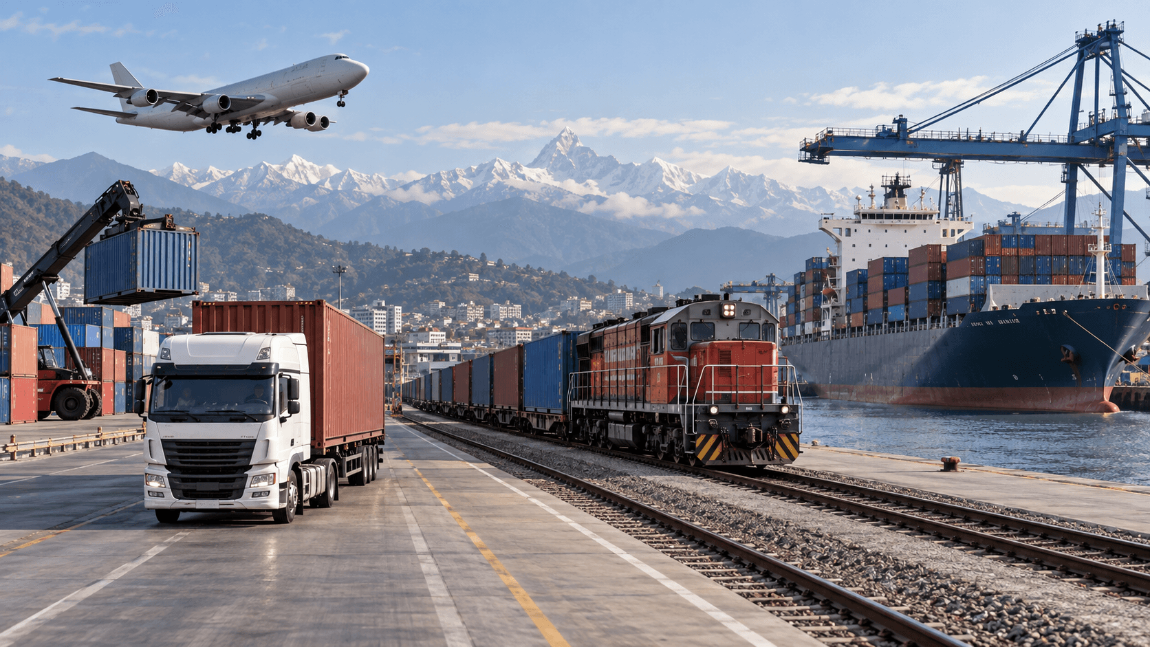 Truck freight train container ship and cargo aircraft representing shipping options to Nepal