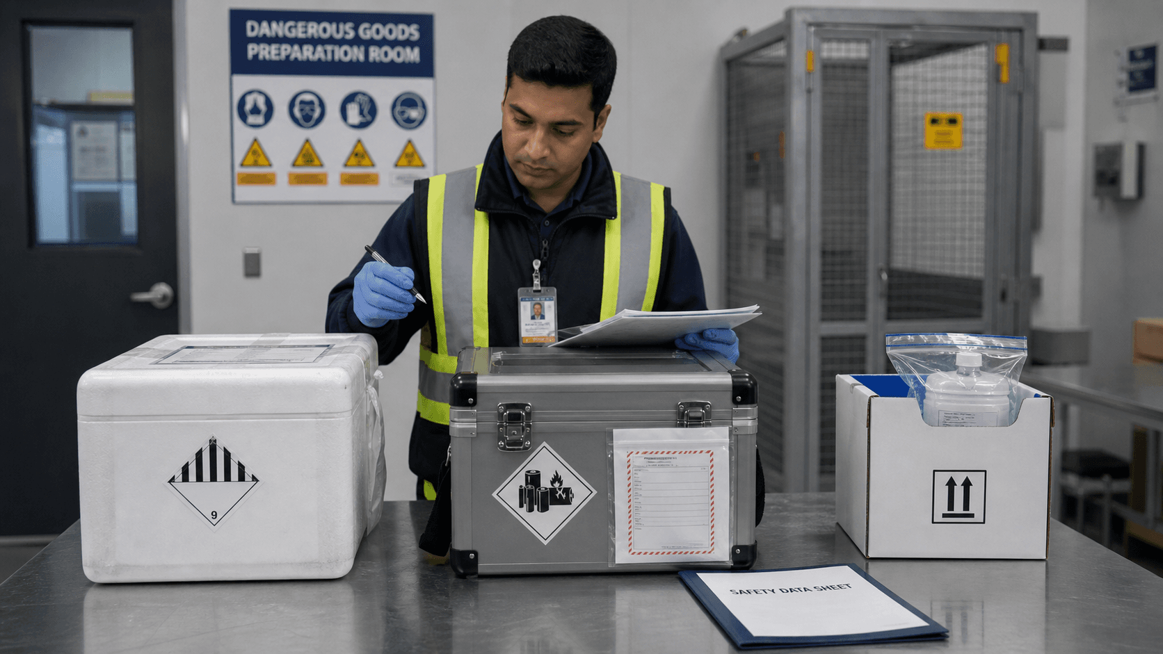 Trained cargo specialist checking dry ice lithium battery and biological sample labels for air transport