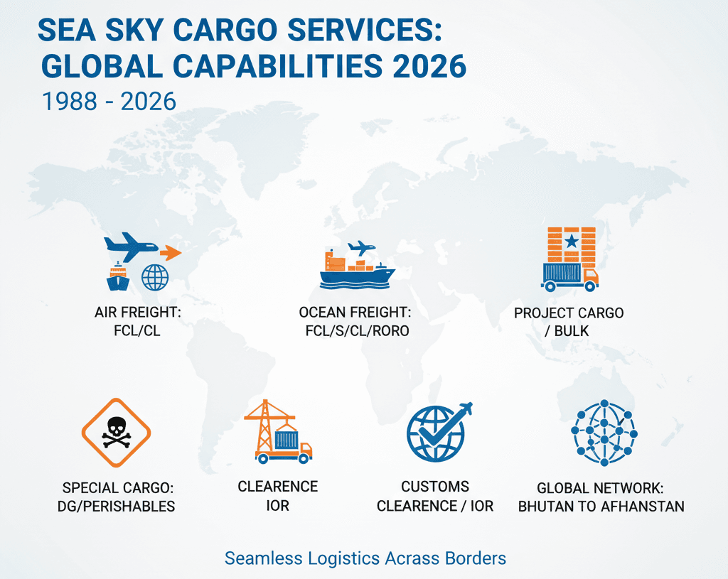 Sea Sky Cargo 2026 services overview: air, sea, project, bulk, DG, IOR.