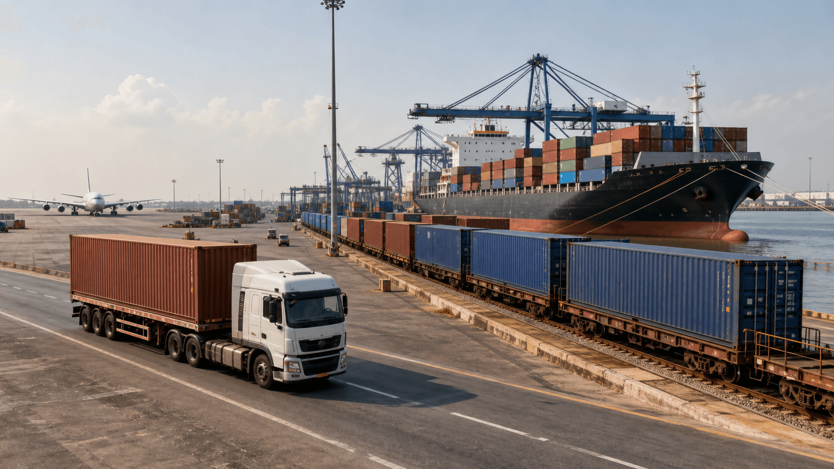 Airplane, freight truck, container ship and train compared for cross-border cargo