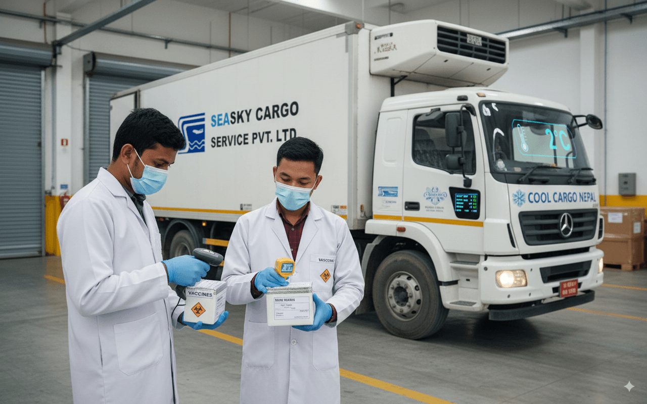Sea Sky team ensuring pharmaceutical cold chain safety at Kathmandu warehouse.